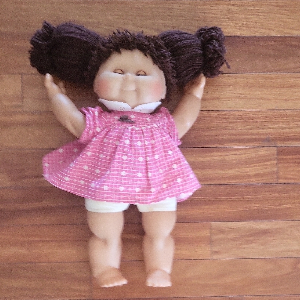Pink and Brown Yarn Hair Doll with Gingham Dress